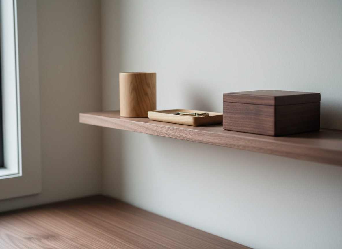 A refined home office scene centered on a slim, floating walnut shelf mounted on a warm white wall. On the shelf, a precisely arranged trio of wooden decor pieces: a cylindrical oak pen cup with visible end-grain details, a small rectangular maple tray holding a brass key, and a square, dark-wenge box with a seamless lid. Below, a matching walnut desk edge appears softly out of focus. Cool, diffused morning light enters from the left, creating crisp yet gentle shadows that emphasize the craftsmanship. Photographic realism, shot from a slightly oblique angle with a shallow depth of field, evokes a calm, organized, and sophisticated workspace that highlights artisanal wood accessories.