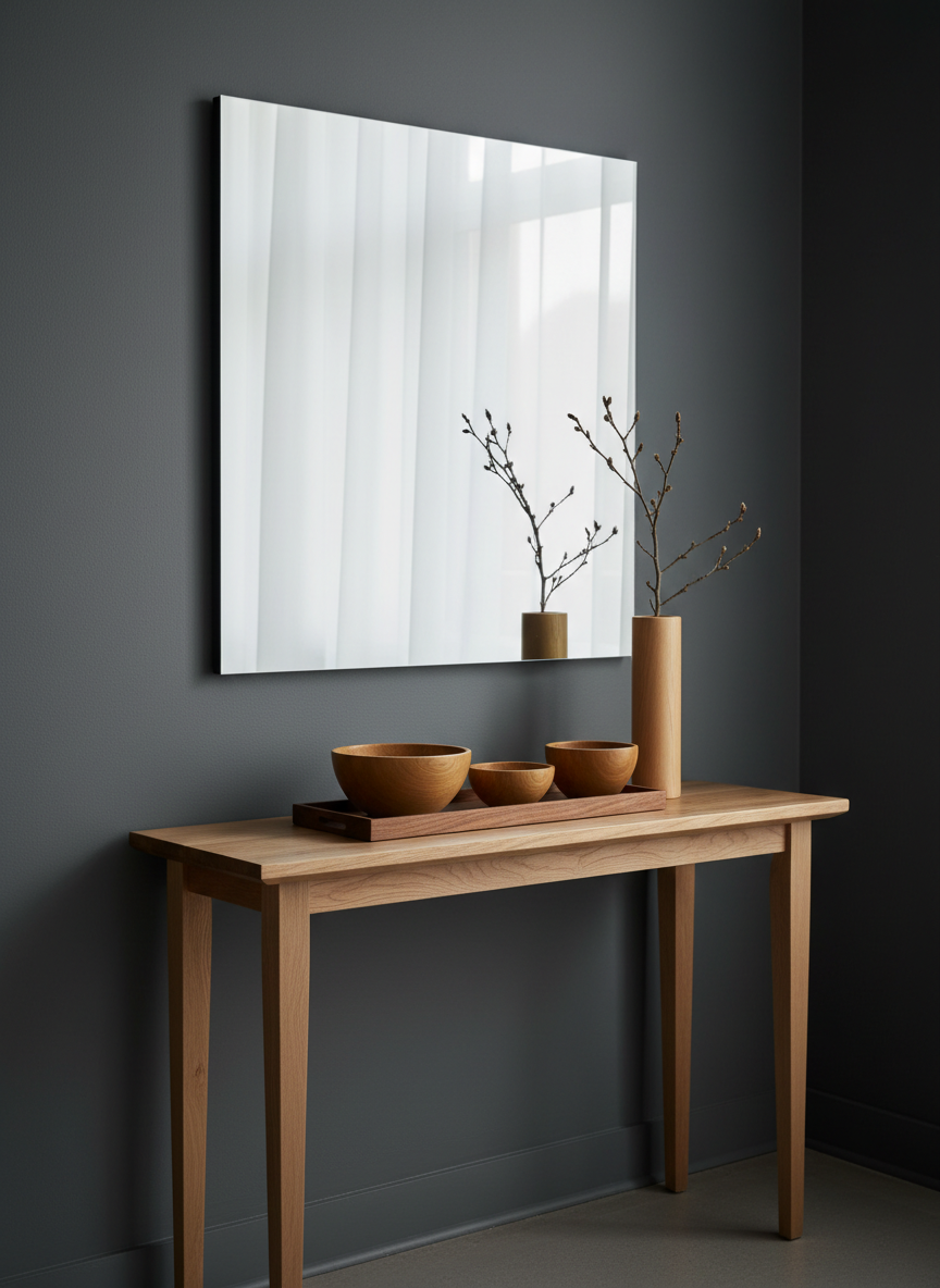 An elegant entryway console crafted from pale maple with a delicate beveled edge and slim tapered legs, positioned against a deep charcoal wall. Atop the console, a long, rectangular walnut tray neatly arranges a set of turned oak bowls and a slender, cylindrical beechwood vase holding a single bare branch. A large, frameless mirror above subtly reflects the soft, diffused afternoon light entering from an unseen doorway, brightening the wood tones and casting refined, understated shadows. Photographic realism, composed with strong vertical lines and balanced on the rule of thirds, creates a calm, architectural feel. The overall mood is sophisticated and minimalist, emphasizing the craftsmanship and texture of each handcrafted wooden object.