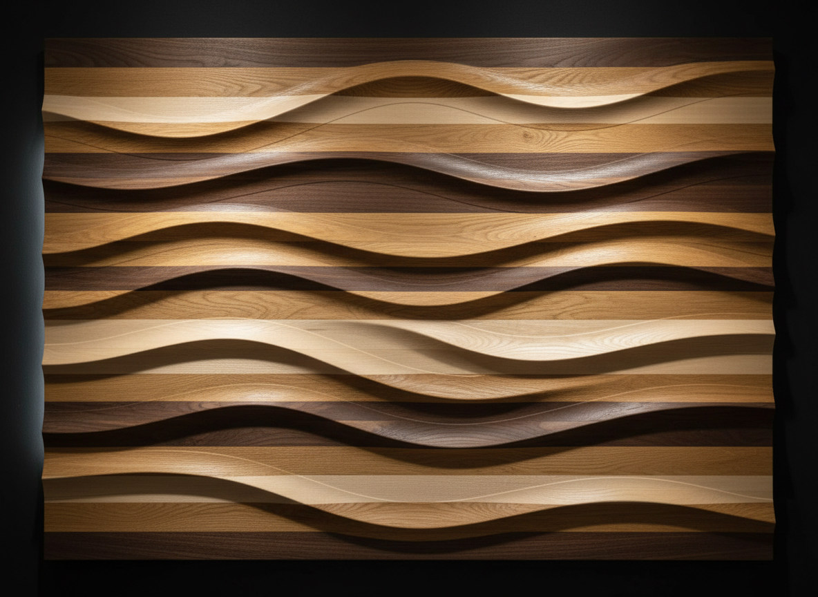 A close-up, photographic-realistic shot of a luxurious, hand-carved wooden wall panel made from alternating strips of walnut, oak, and maple, forming a subtle three-dimensional wave pattern. The tactile grain of each species catches the light differently, from rich chocolate browns to pale honey tones. Soft, directional side lighting from a hidden LED strip emphasizes the relief, casting gentle shadows in the recesses and delicate highlights along the ridges. The background falls into darkness, isolating the panel as an art piece. Captured straight-on with sharp focus across the surface, the composition is clean and symmetrical, conveying a sophisticated, gallery-quality installation ideal for a premium wood decor feature section.