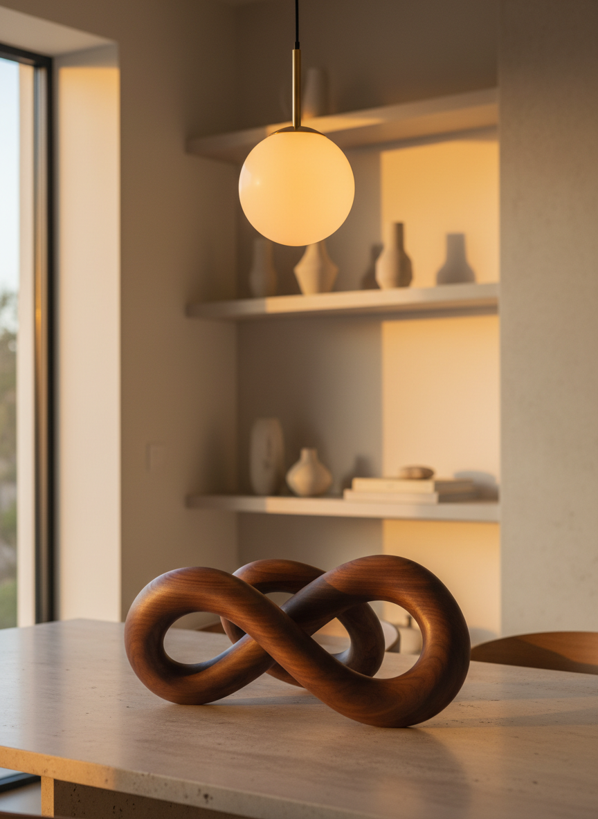 A single sculptural centerpiece made of dark-stained walnut, carved into an abstract, interlocking form, rests on a pale limestone dining table. The wood’s satin sheen subtly reflects the warm glow of an overhead pendant, emphasizing the depth of its grain and precise joinery. In the softly blurred background, clean-lined shelving holds minimal, light-toned decor objects, reinforcing the sophisticated mood. Golden hour light filters in from a large window to the side, creating a gentle gradient across the wall. Photographic realism, composed with the wooden sculpture in the lower third of the frame and a shallow depth of field, evokes a refined, contemporary interior setting focused on artisanal wood craftsmanship.