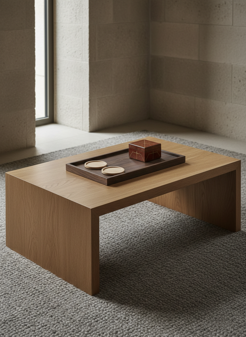 A refined living room corner featuring a low-profile, solid oak coffee table with chamfered edges and a flawless, hand-rubbed finish. On the table sits a rectangular tray made of smoked ash wood, holding a pair of minimalist teak coasters and a small lidded cherrywood box with brass inlay. The table stands on a textured wool rug in warm gray tones, with a muted stone wall in the background. Soft, overcast daylight washes in from a tall side window, creating smooth, even illumination and subtle shadows under each object. Photographic realism, captured from a slightly elevated angle with crisp focus throughout, conveys a serene, sophisticated atmosphere ideal for showcasing premium handcrafted wood decor.